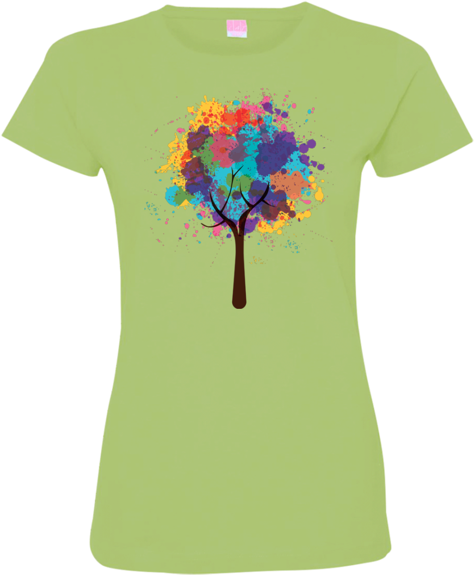 Colorful Tree Design Green T Shirt