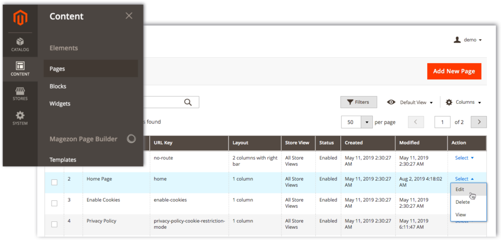 Content Management System Interface Screenshot
