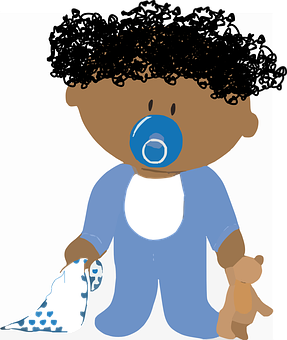 Curly Haired Cartoon Baby With Pacifierand Teddy Bear