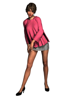 Curly Haired3 D Modelin Pink Sweater