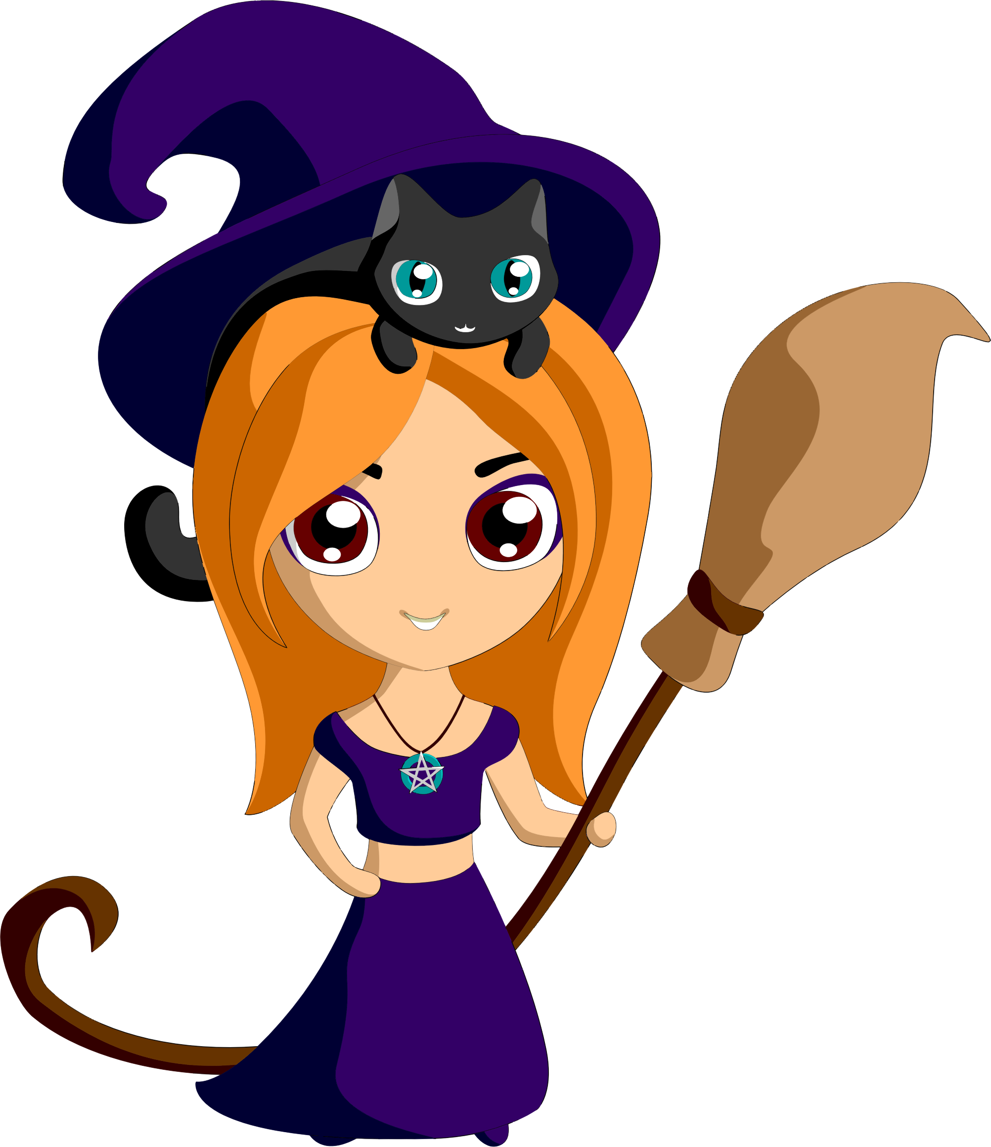 Cute Cartoon Witchwith Black Cat