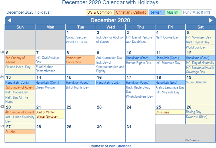 December2020 Holiday Calendar