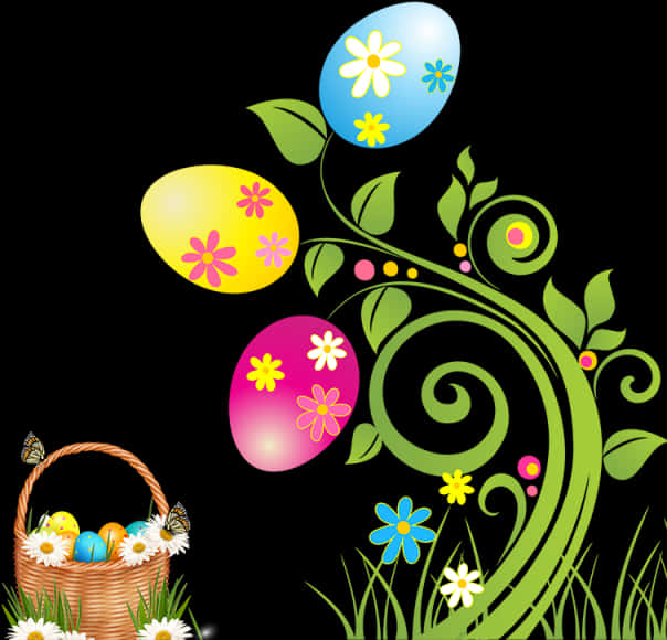 Easter Eggs Floral Design Basket Illustration