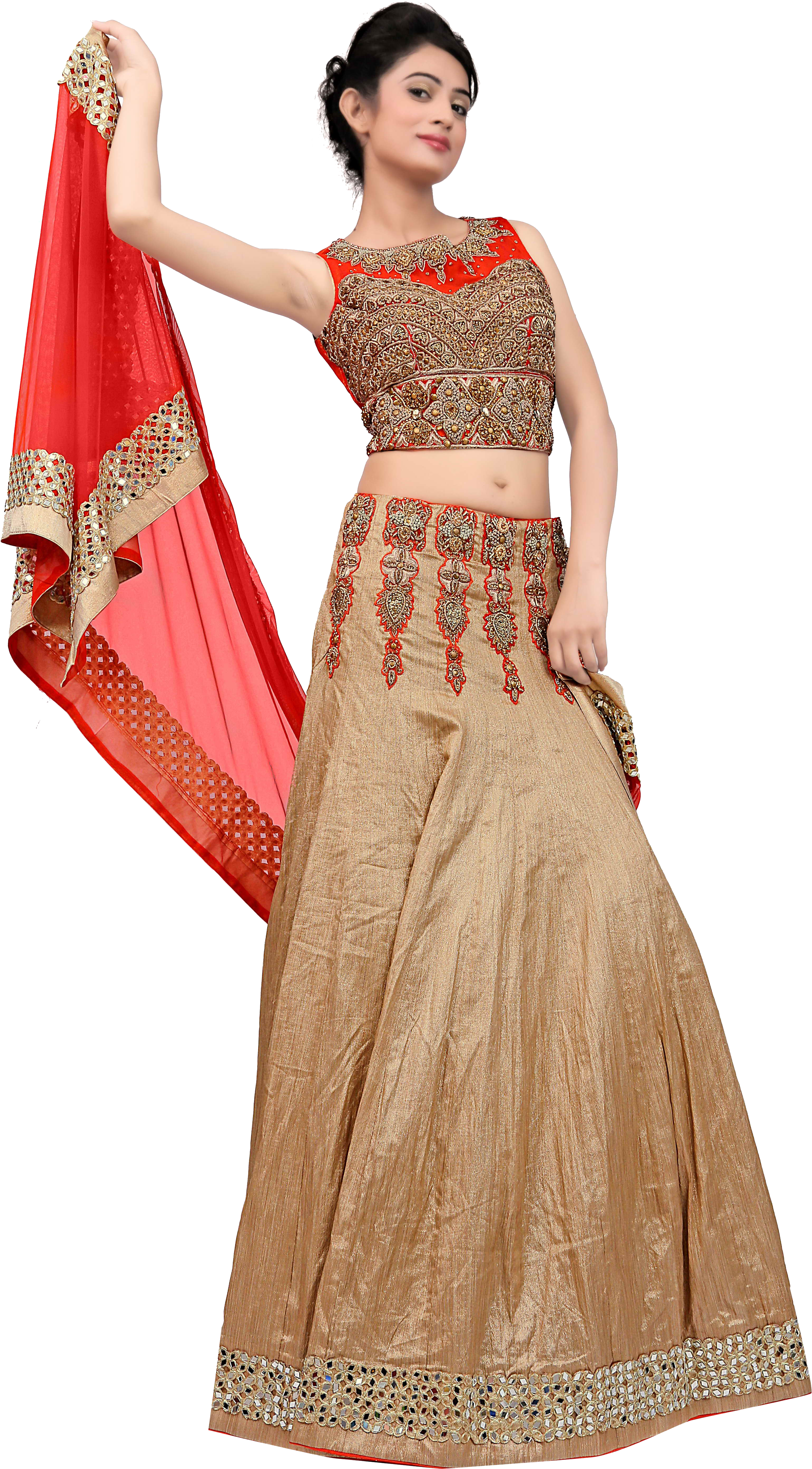 Elegant Beige Lehenga With Red Dupatta