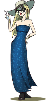 Elegant Cartoon Ladyin Blue Dress