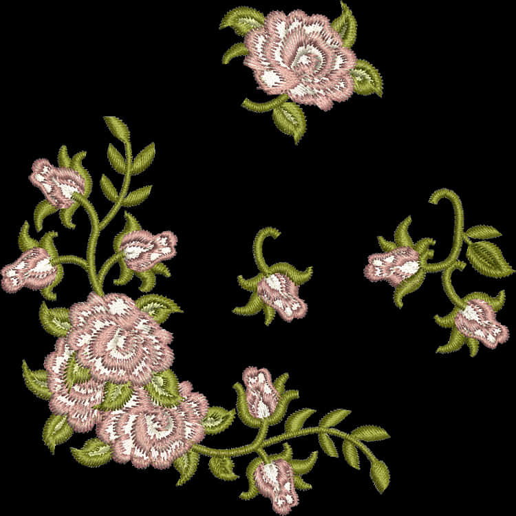 Embroidered Floral Designon Black Background