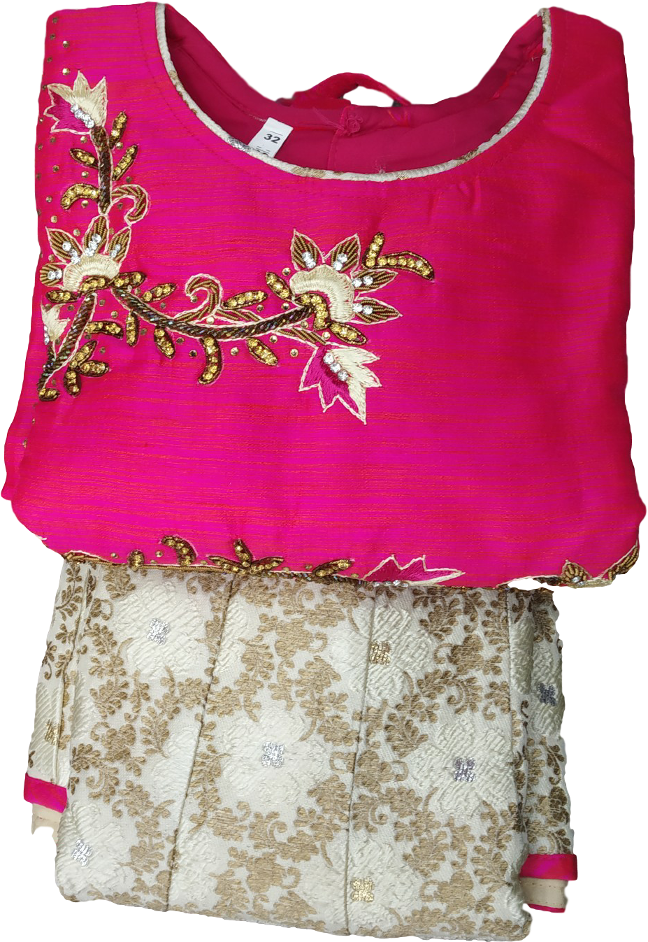 Embroidered Pink Blouse And Beige Lehenga Skirt