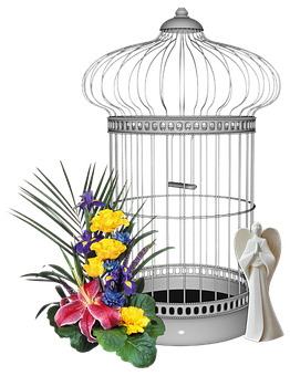 Empty Birdcagewith Flowersand Angel Figurine