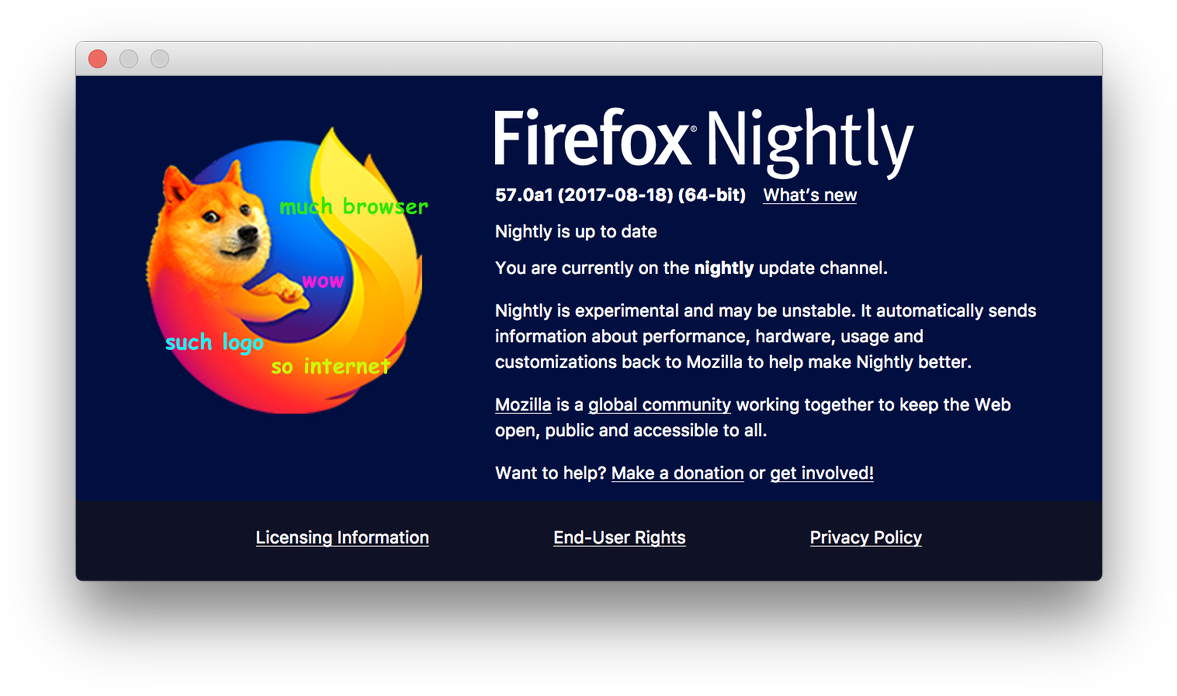 Firefox Nightly Doge Meme Screen