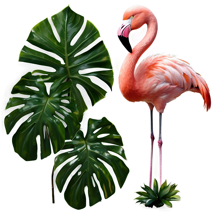 Flamingo And Tropical Leaves Png Ljn