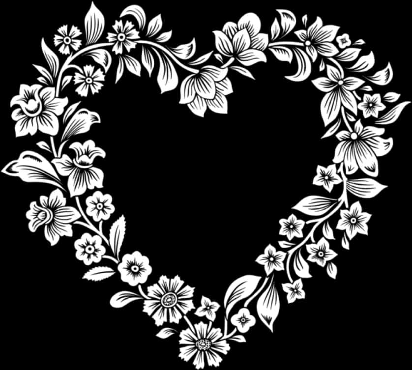 Floral Heart Outline Black Background