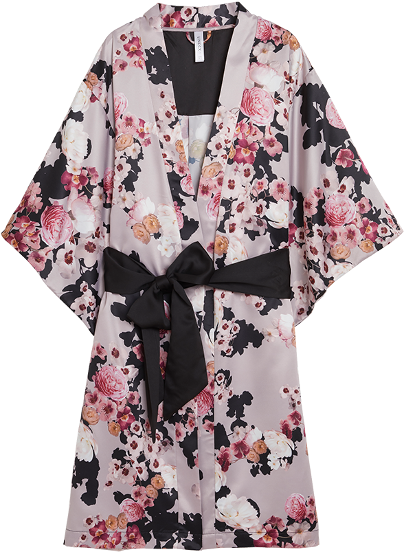 Floral Pattern Kimono With Black Bow
