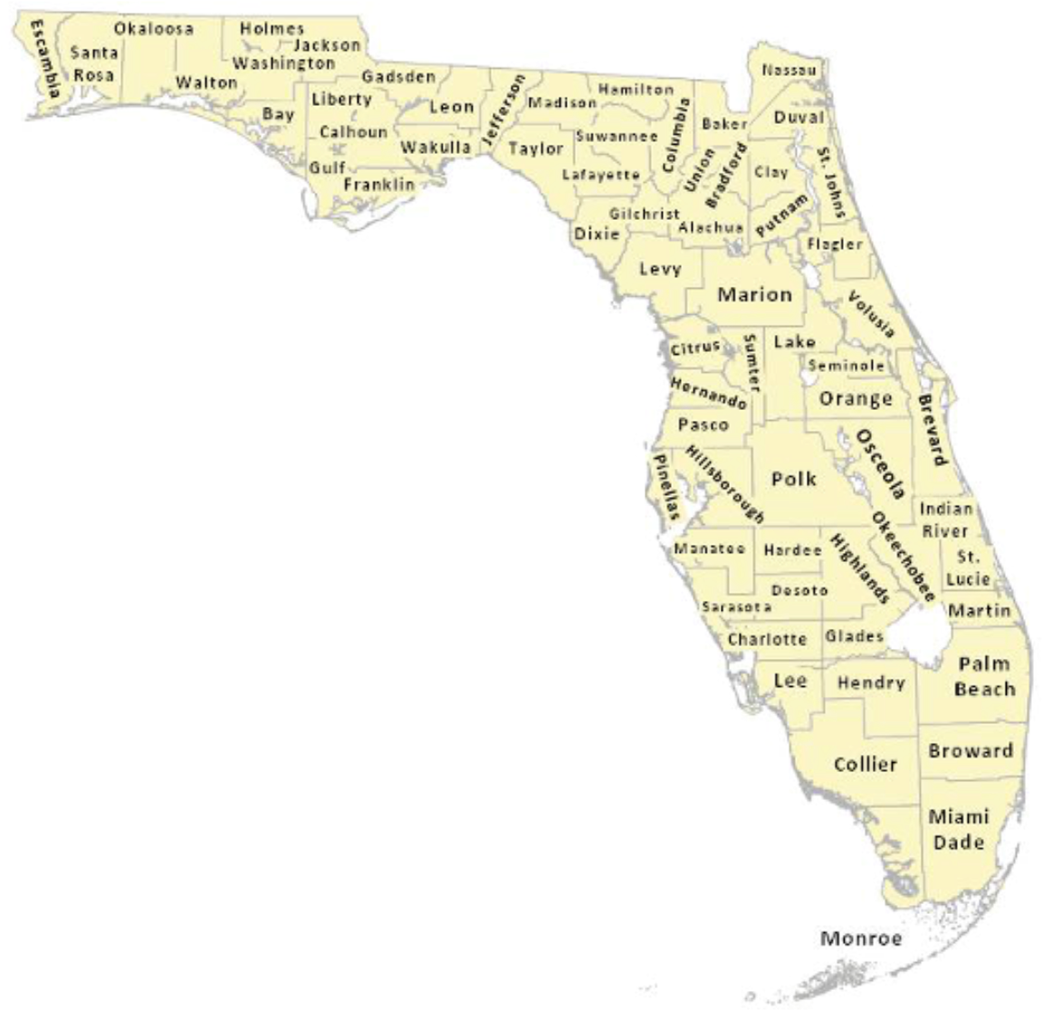 Florida Counties Map Yellow