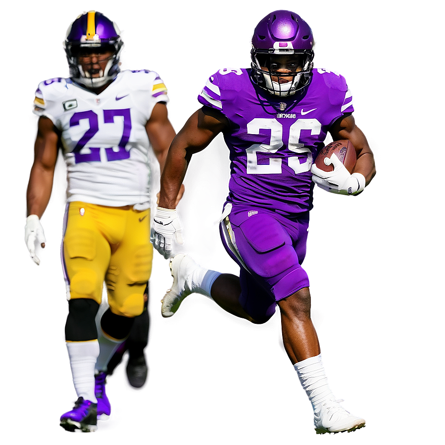 Football Playersin Action Purpleand Yellow Uniforms