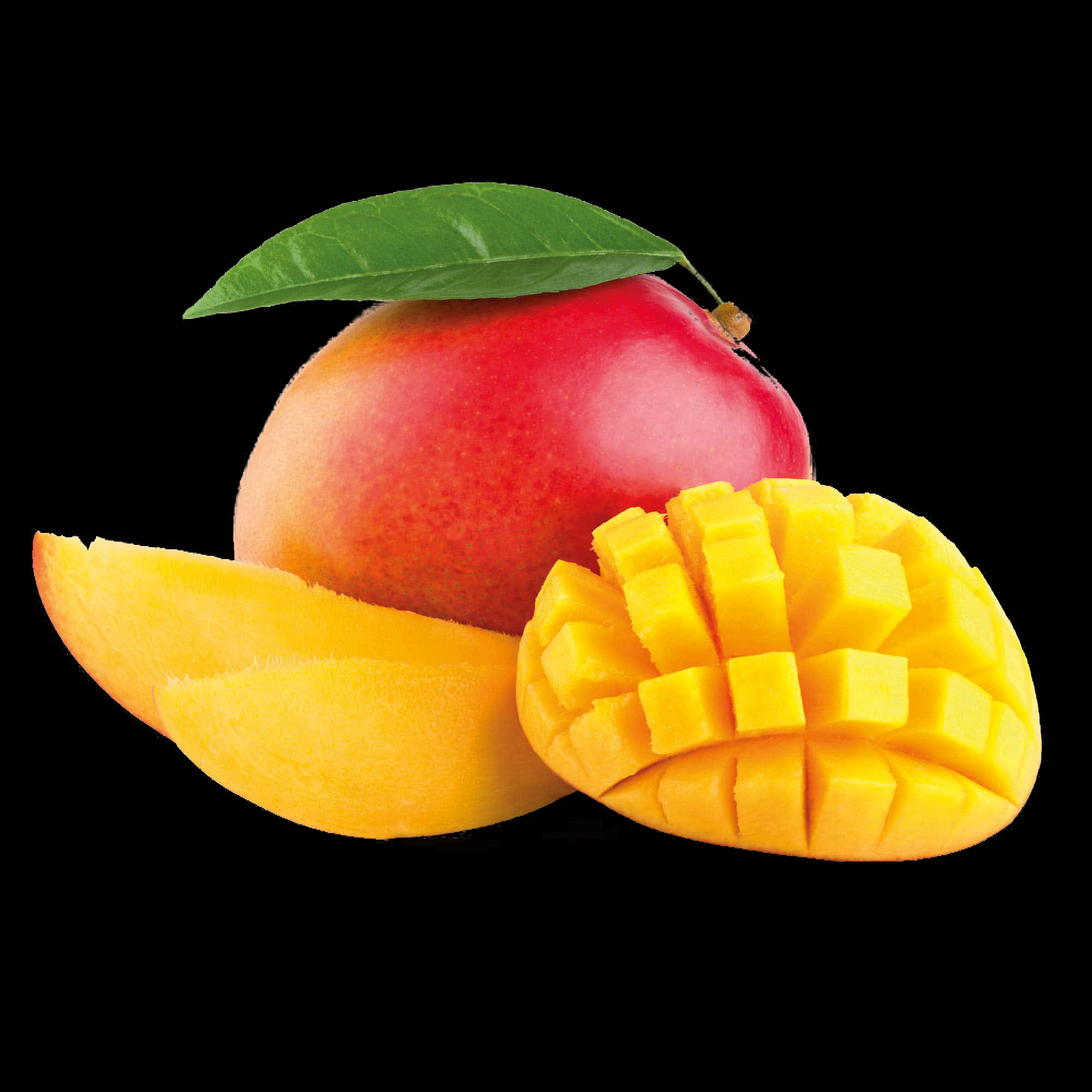 Fresh Mango With Sliceand Cube Cut Black Background