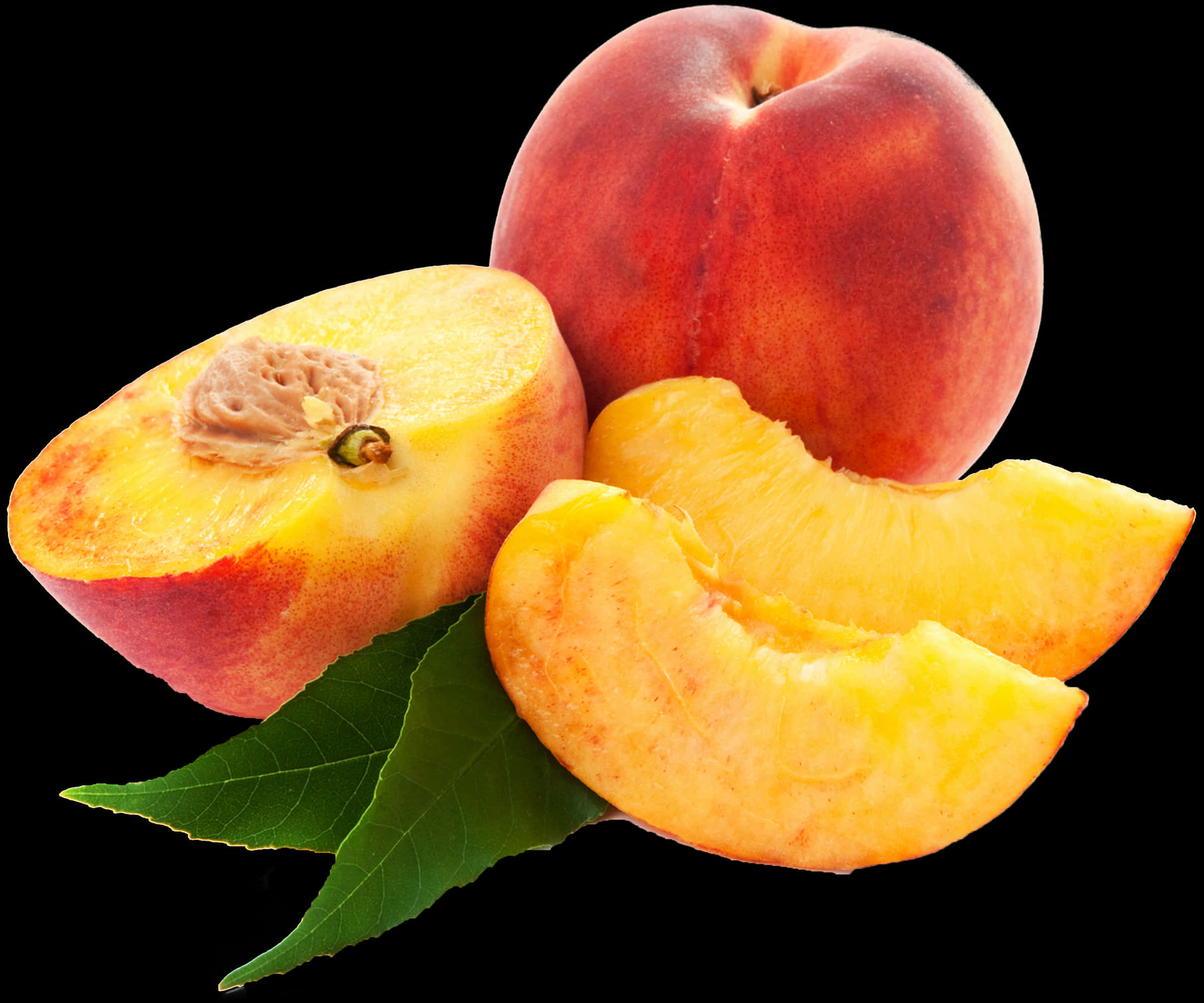 Fresh Peachand Slices Black Background