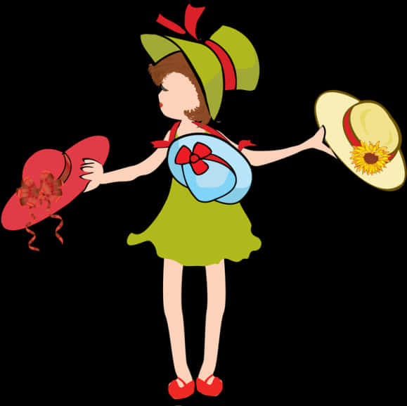 Girl Holding Two Hats Illustration