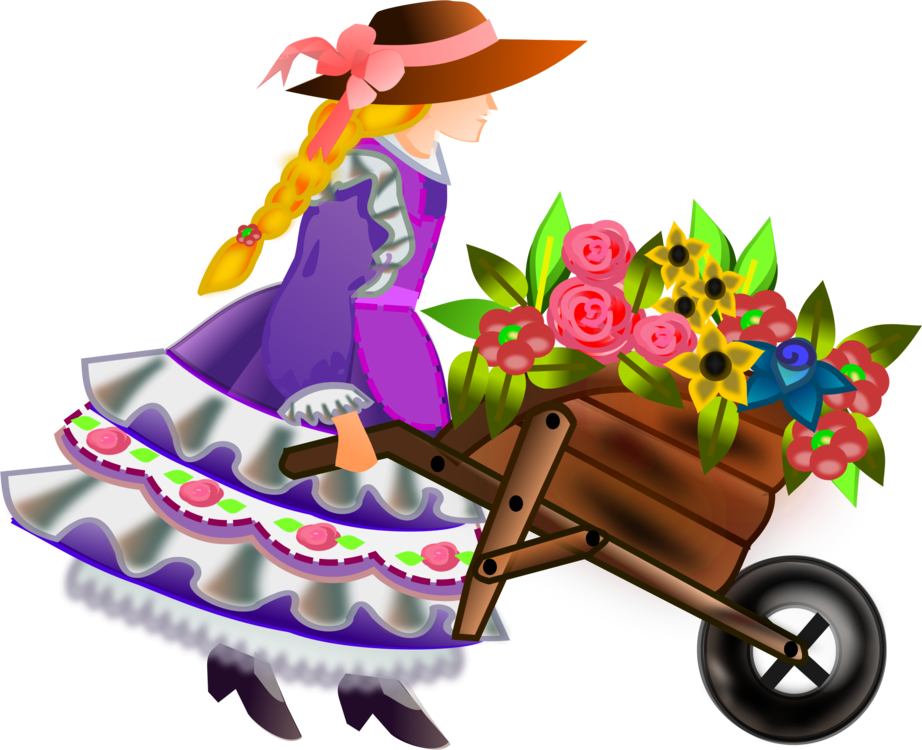 Girl Pushing Flower Wheelbarrow Illustration