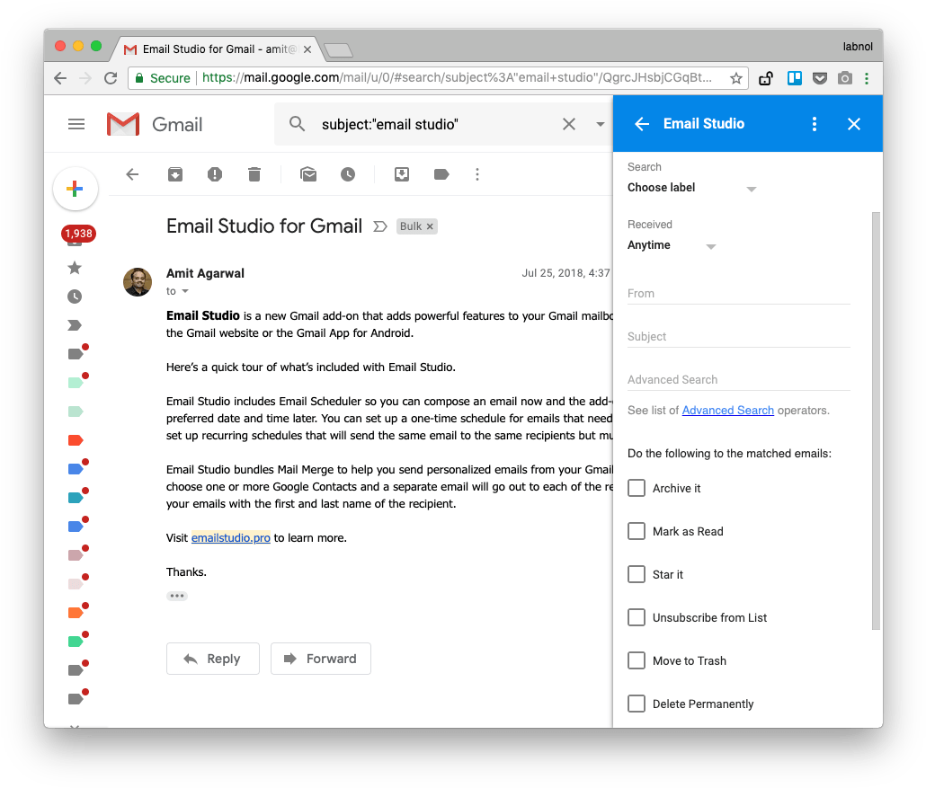 Gmail Email Studio Addon Screenshot