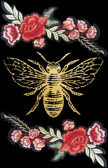 Golden Bee Floral Embroidery Tattoo Design