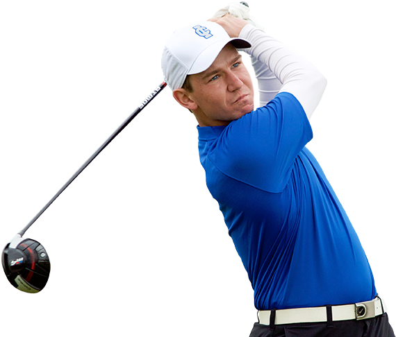 Golfer In Blue Swinging Club