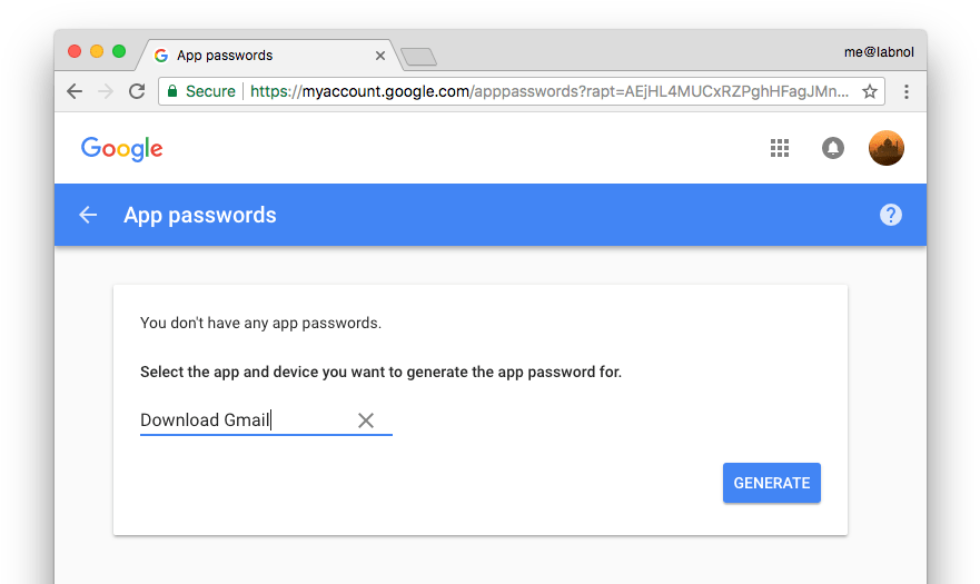 Google App Passwords Screen