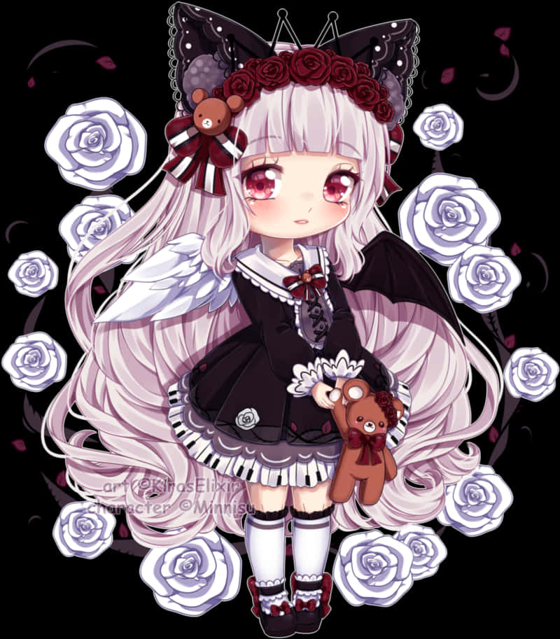 Gothic Lolita Chibi Girlwith Rosesand Teddy Bear