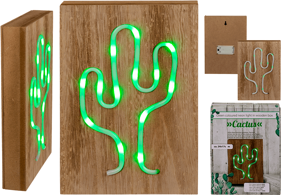 Green Cactus Neon Light Wooden Box