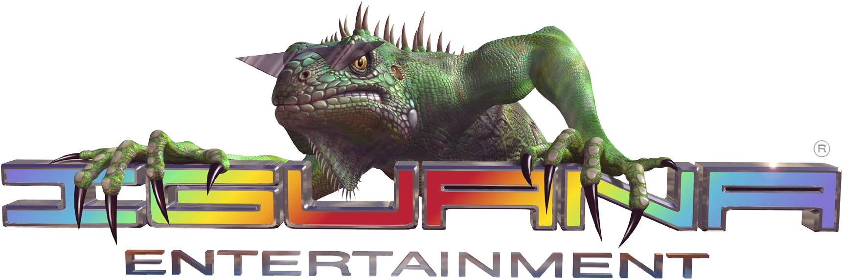 Green Iguana Over Colorful Logo