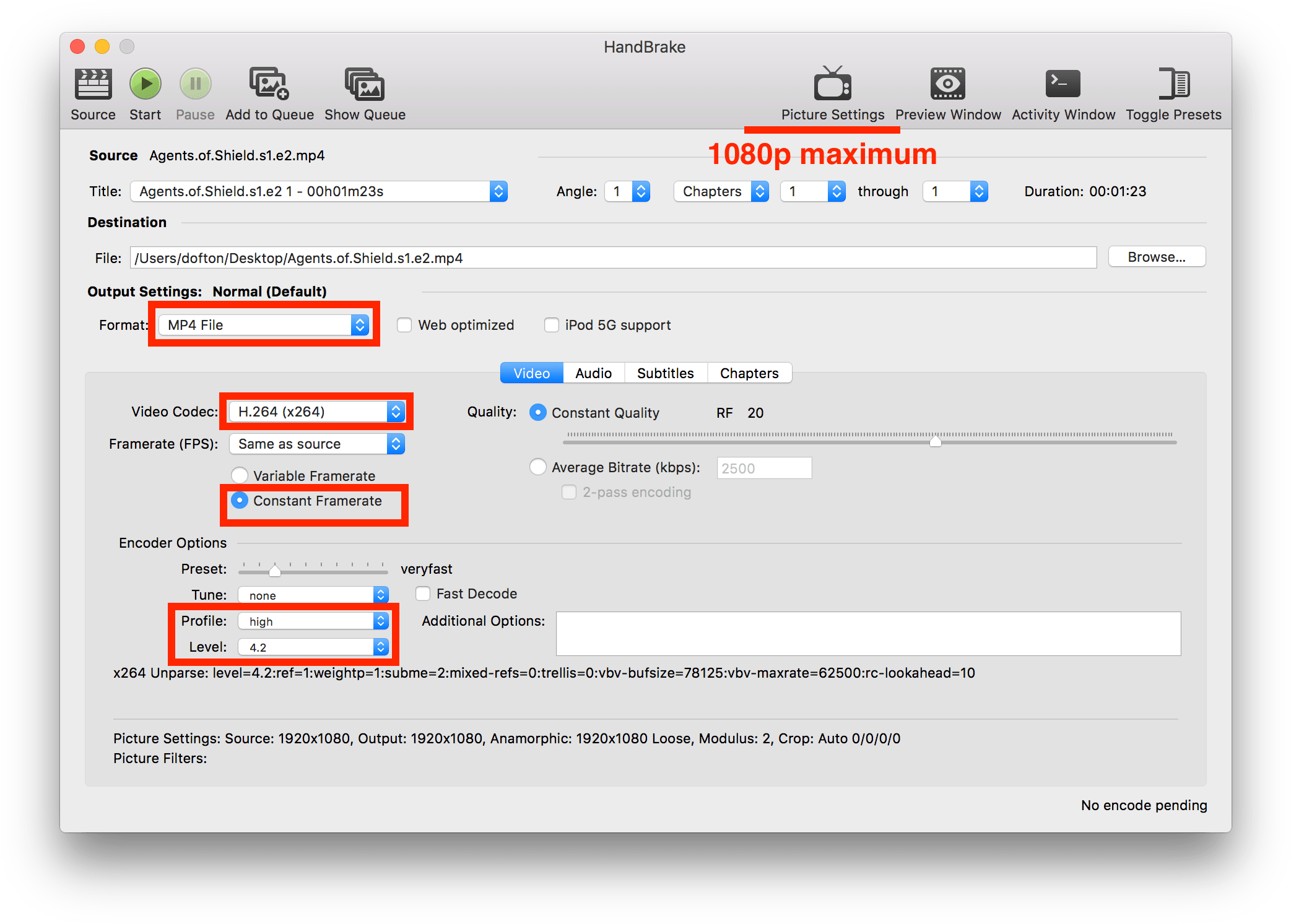 Hand Brake Video Encoding Settings Screenshot