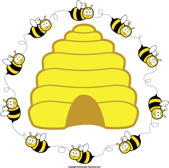 Happy Bees Circling Hive Clipart