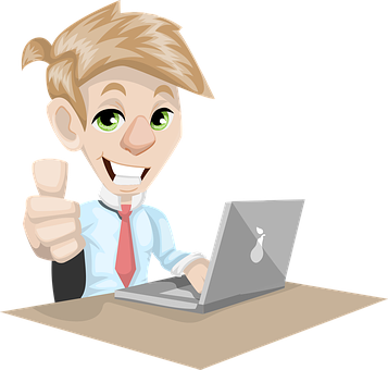 Happy Cartoon Businessman Laptop Thumbs Up