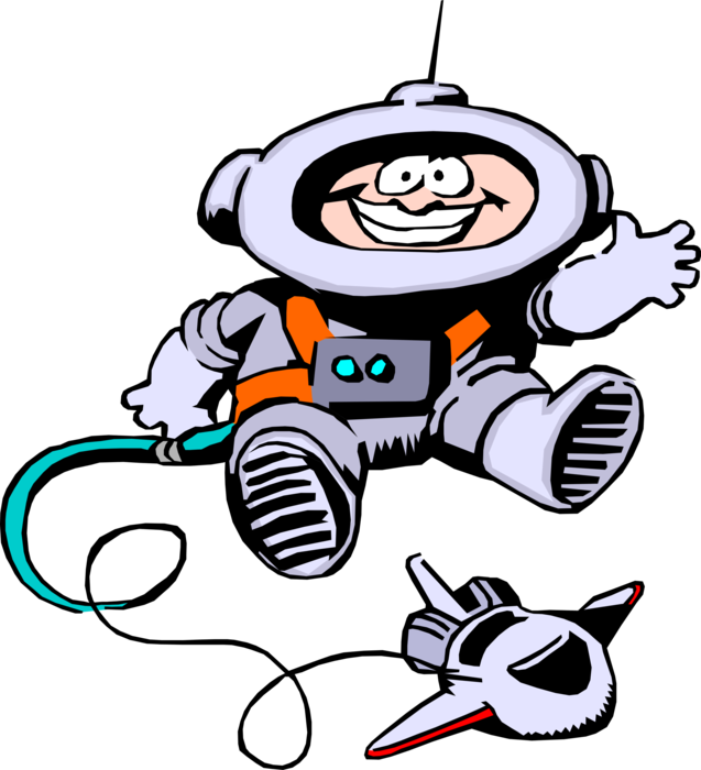 Happy Cartoon Spaceman Floating With Spaceship