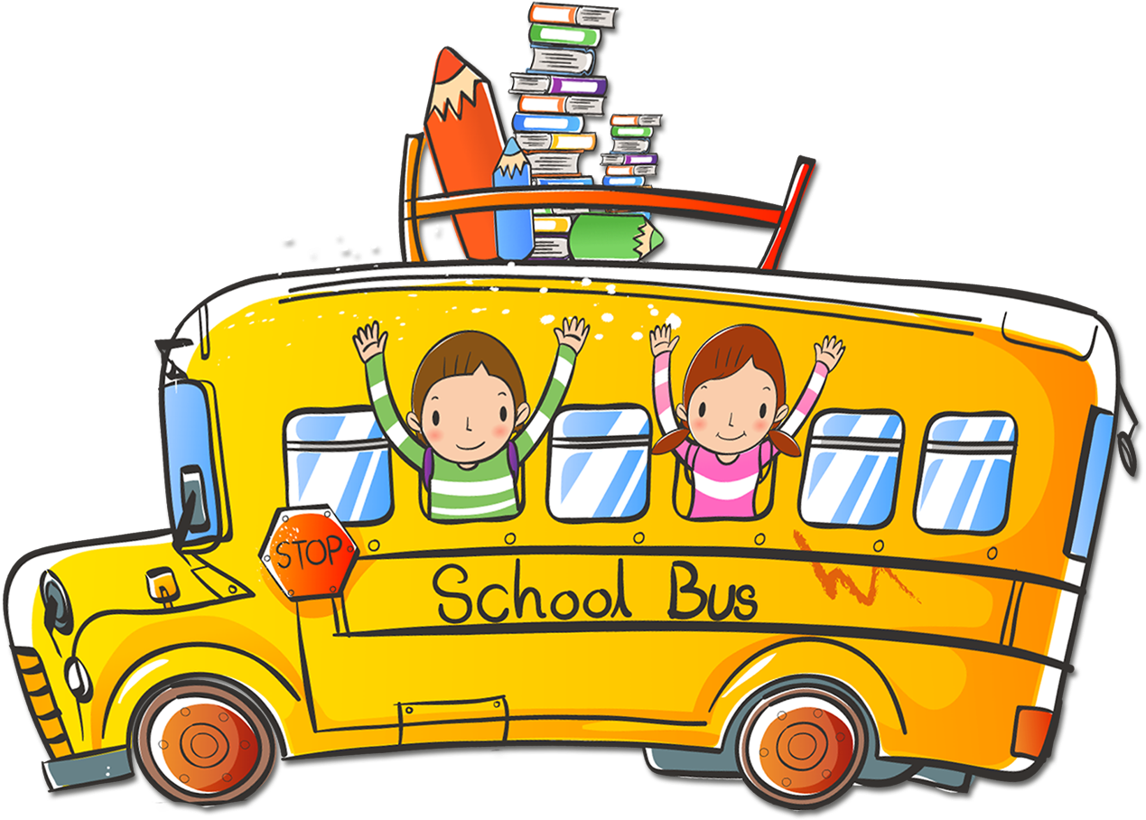 Happy Children Riding School Bus Cartoon