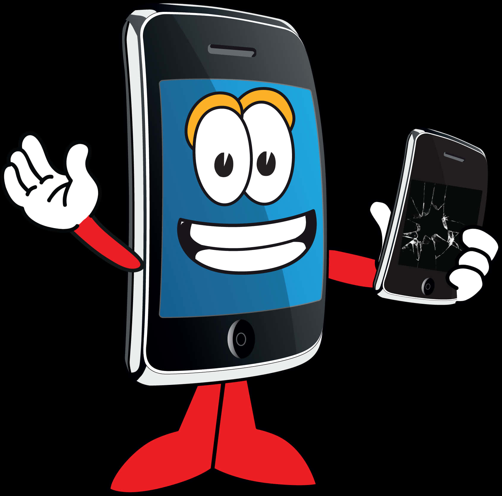 Happy Smartphone Cartoon Holding Cracked Phone