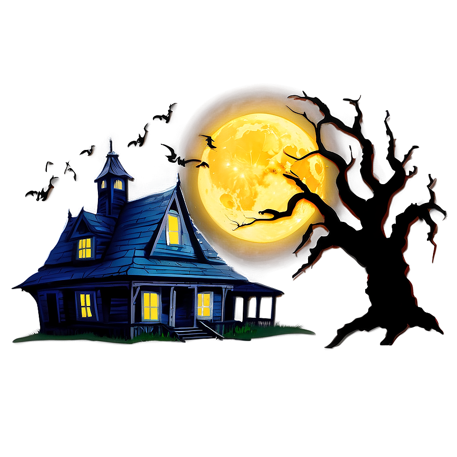 Haunted House Under Full Moon Png Hsw