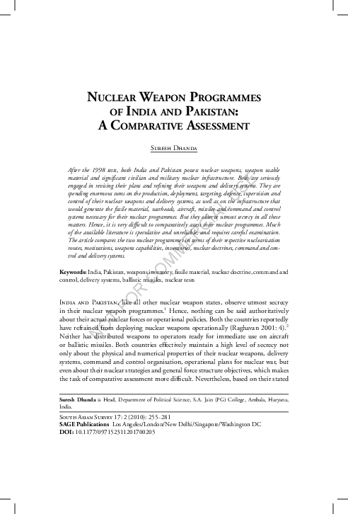 India Pakistan Nuclear Weapon Programmes Assessment