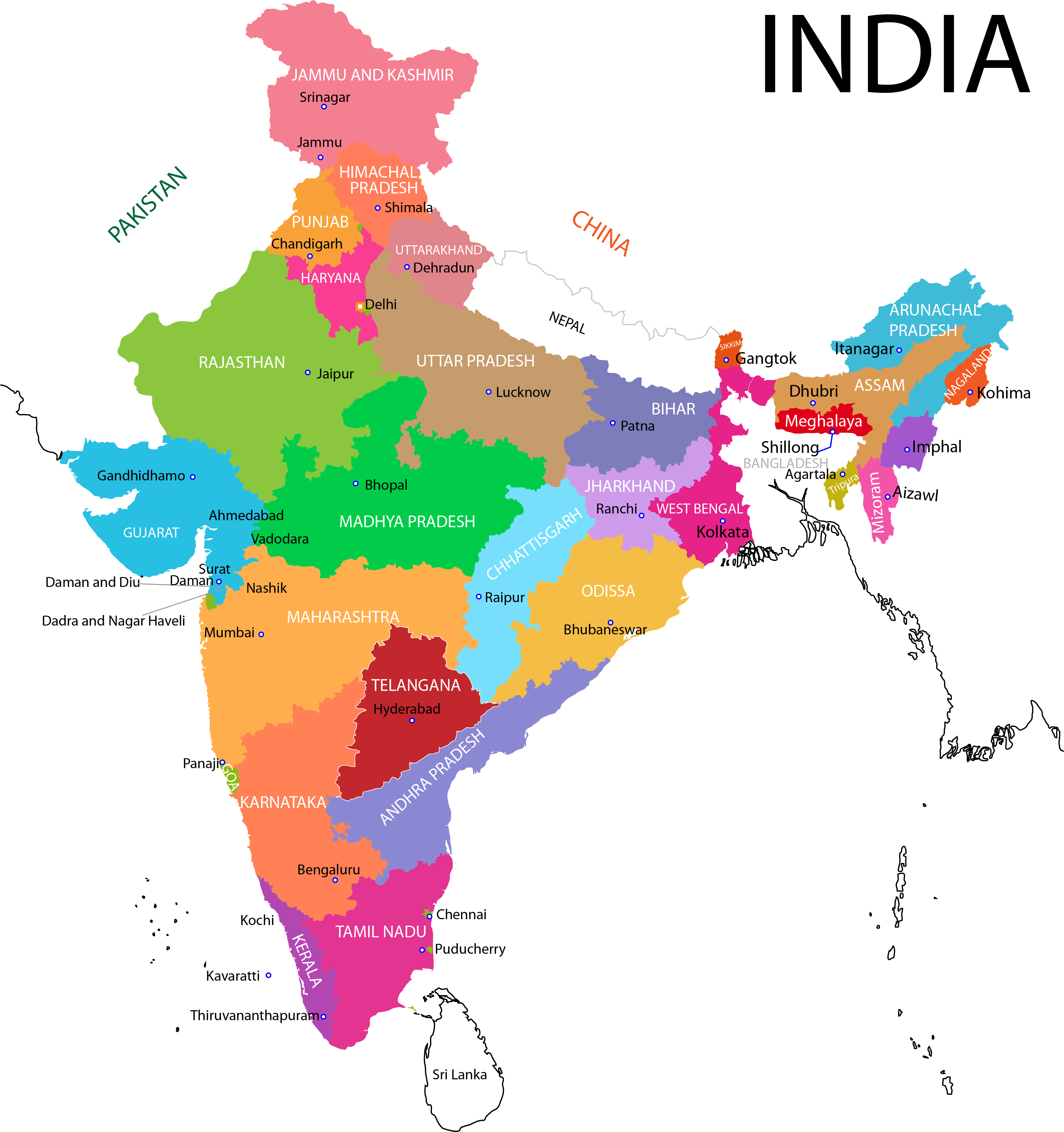India Political Map Colorful