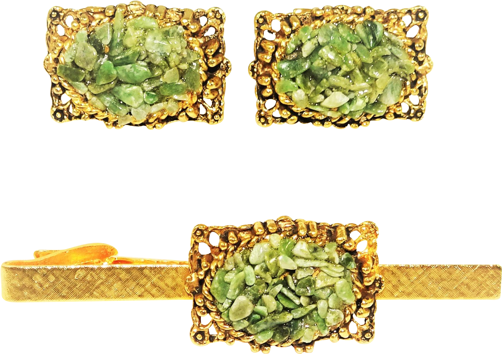 Jade Encrusted Golden Cufflinksand Tie Clip