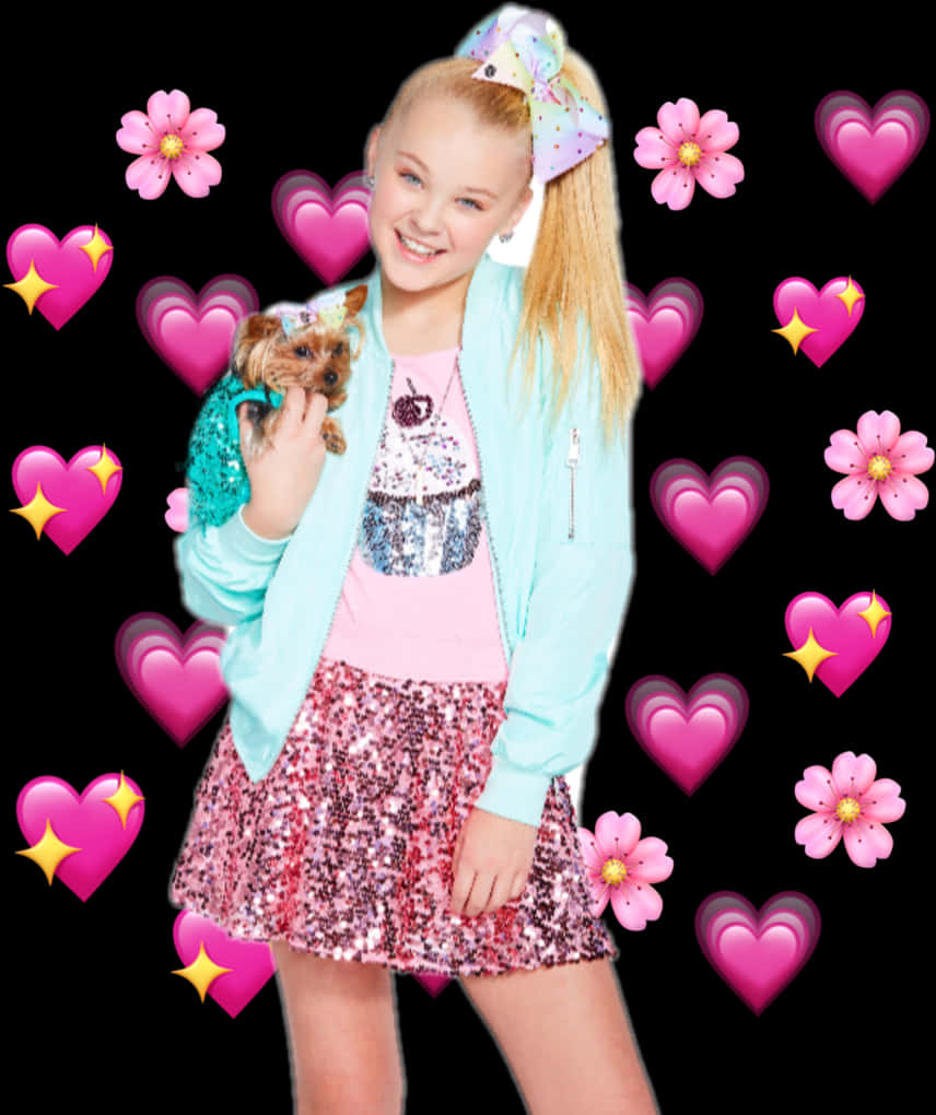 Jojo_ Siwa_ Holding_ Puppy_ Surrounded_by_ Hearts_and_ Flowers