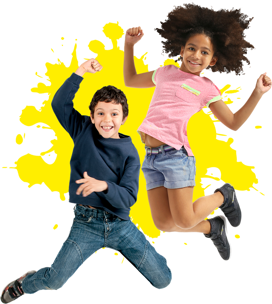 Joyful Kids Jumping Against Yellow Splash Background
