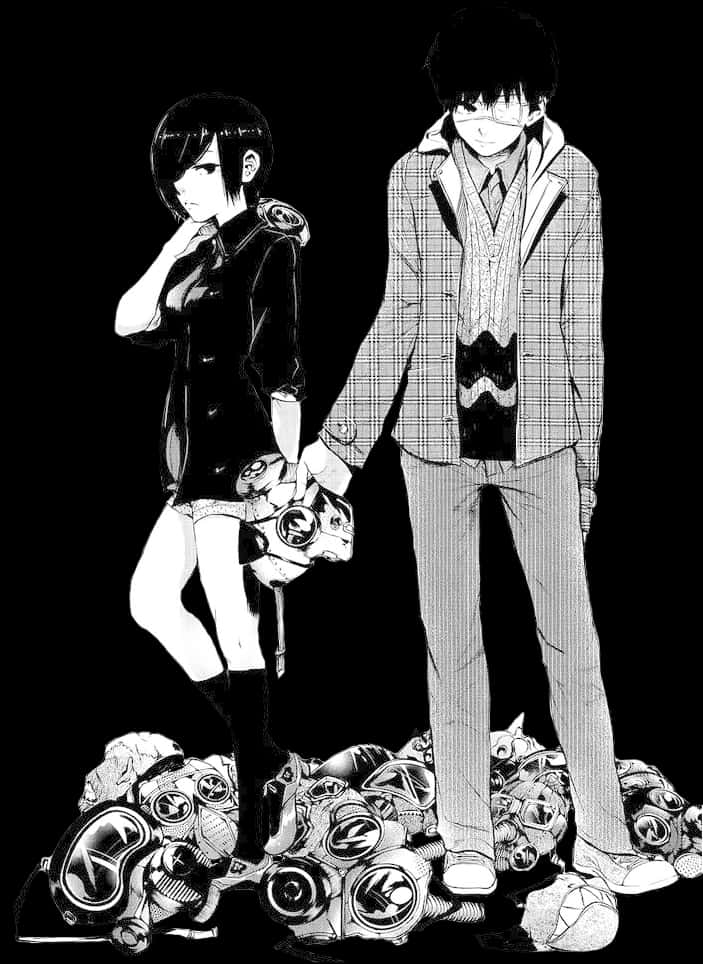 Kanekiand Touka Standing Over Masks