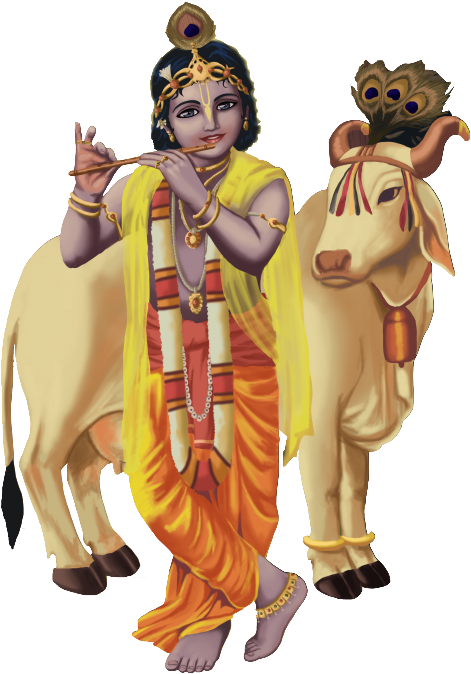Lord Krishna Playing Flute With Cow