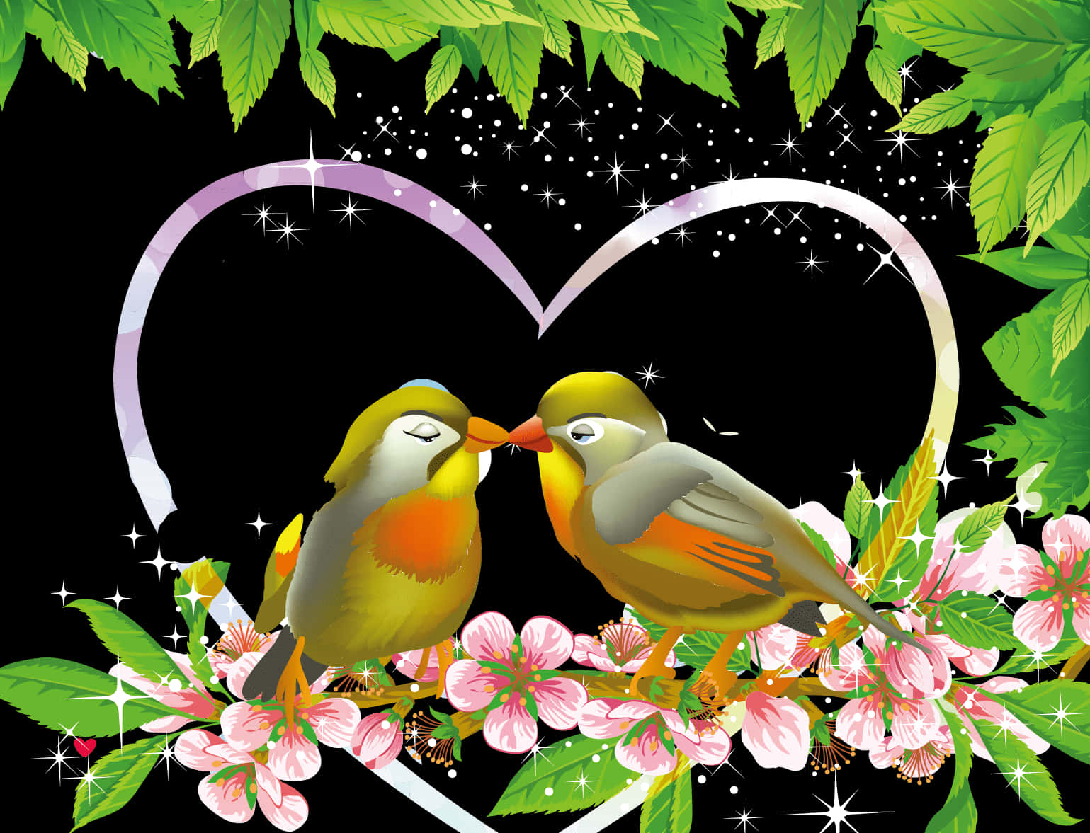 Lovebird Kiss Floral Heart Background