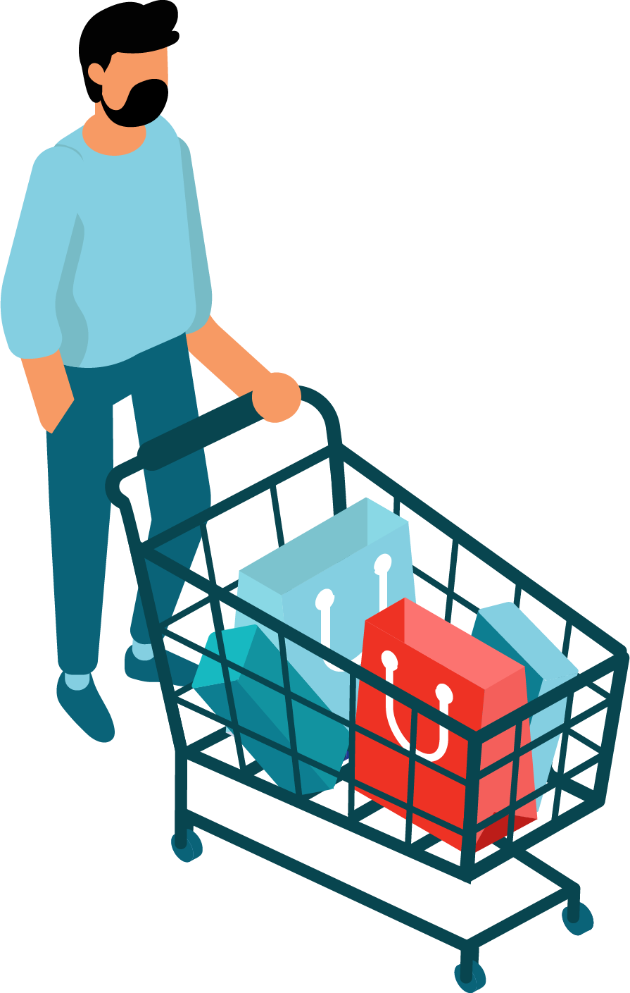 Man Pushing Shopping Cart Illustration