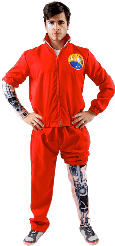 Manin Red Tracksuitwith Bionic Leg Tattoo