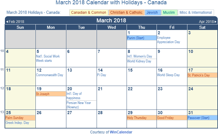 March2018 Canada Holiday Calendar