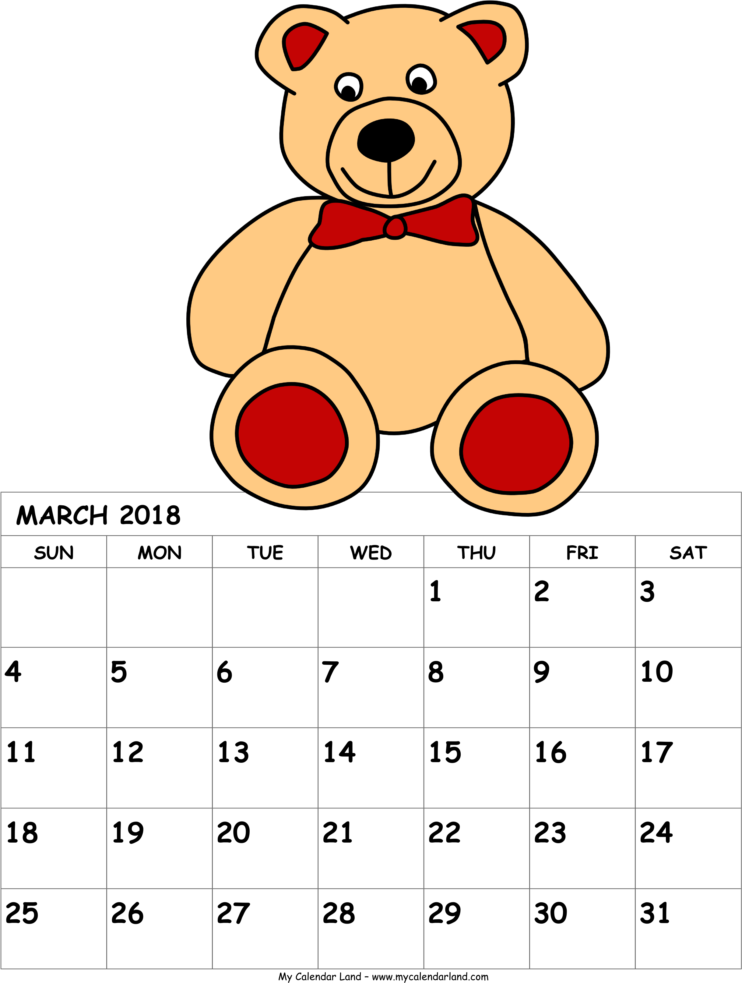 March2018 Teddy Bear Calendar Clipart