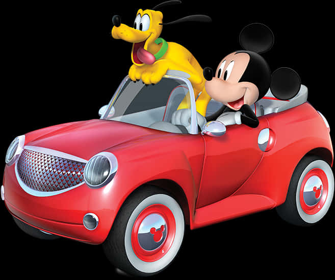 Mickeyand Pluto Driving Red Car