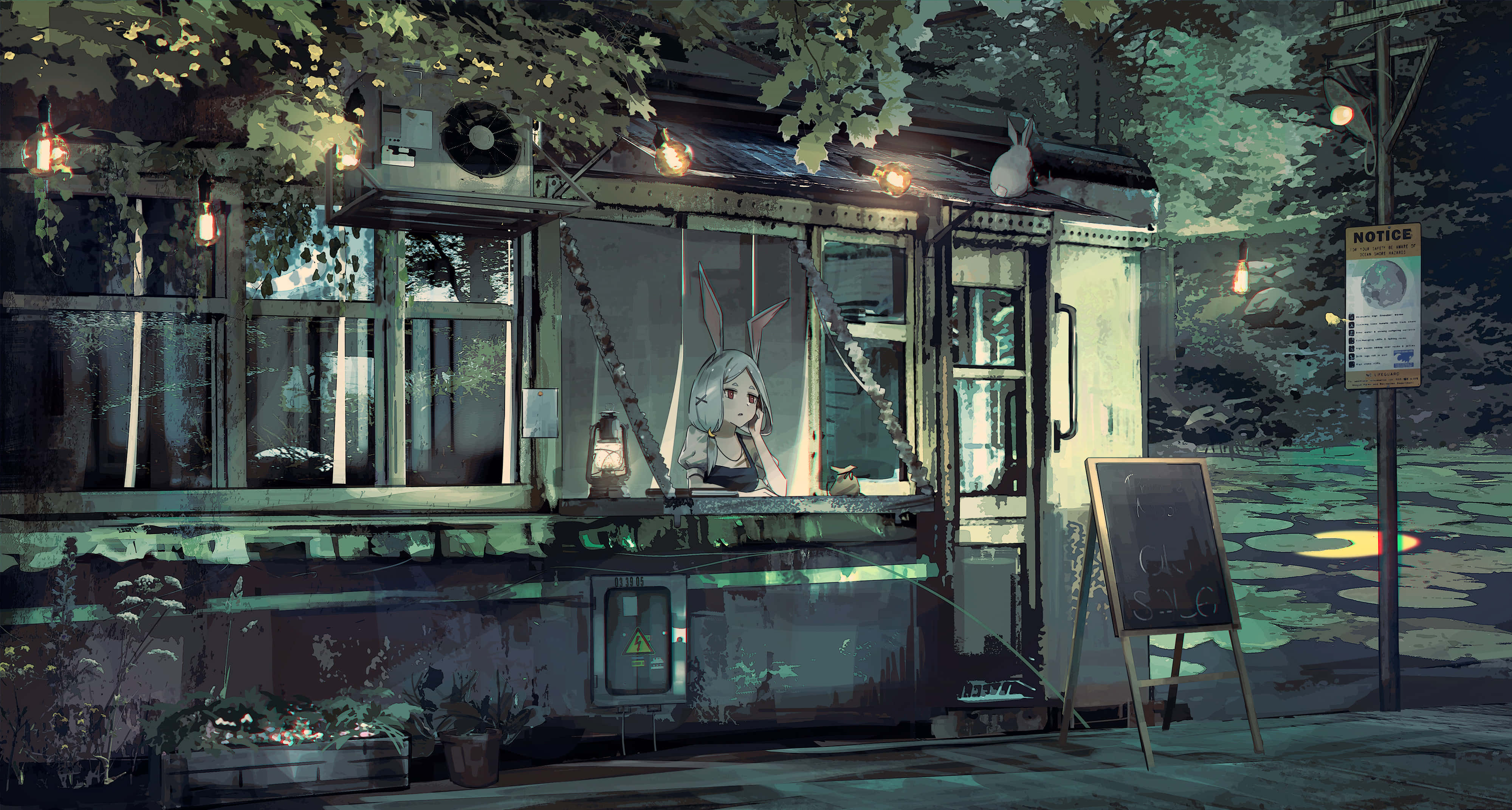 Moonlit Rabbit Cafe Night Scene